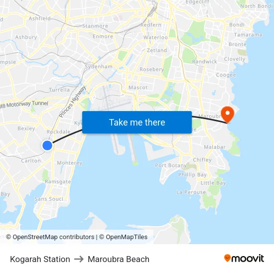 Kogarah Station to Maroubra Beach map