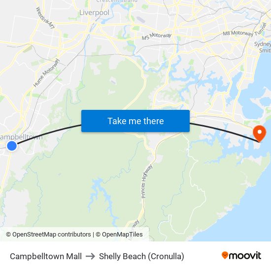 Campbelltown Mall to Shelly Beach (Cronulla) map