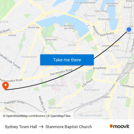 Sydney Town Hall to Stanmore Baptist Church map