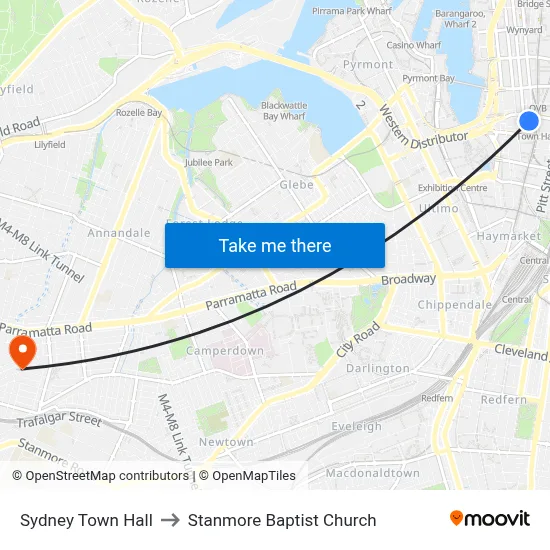 Sydney Town Hall to Stanmore Baptist Church map