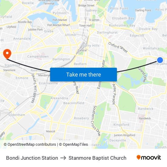 Bondi Junction Station to Stanmore Baptist Church map