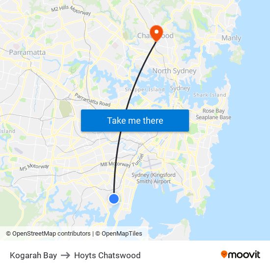 Kogarah Bay to Hoyts Chatswood map