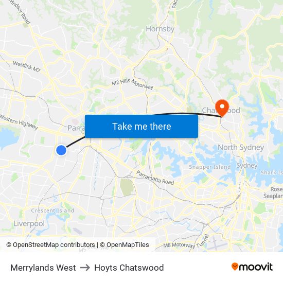 Merrylands West to Hoyts Chatswood map