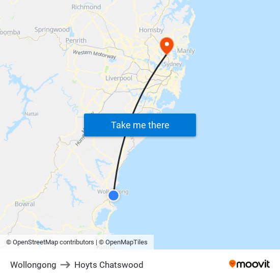 Wollongong to Hoyts Chatswood map