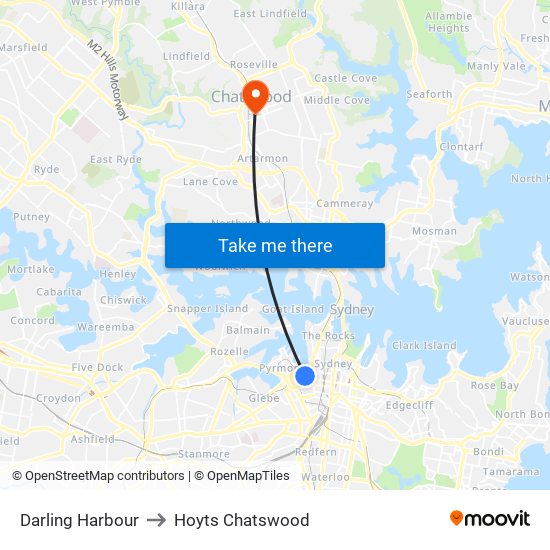 Darling Harbour to Hoyts Chatswood map