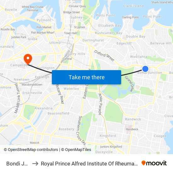 Bondi Junction to Royal Prince Alfred Institute Of Rheumatology & Orthopaedics map