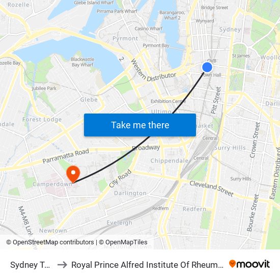 Sydney Town Hall to Royal Prince Alfred Institute Of Rheumatology & Orthopaedics map