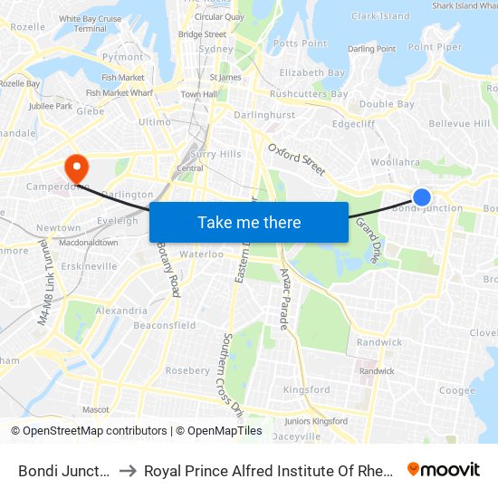 Bondi Junction Station to Royal Prince Alfred Institute Of Rheumatology & Orthopaedics map