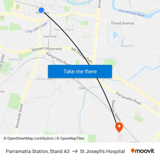 Parramatta Station, Stand A3 to St Joseph's Hospital map