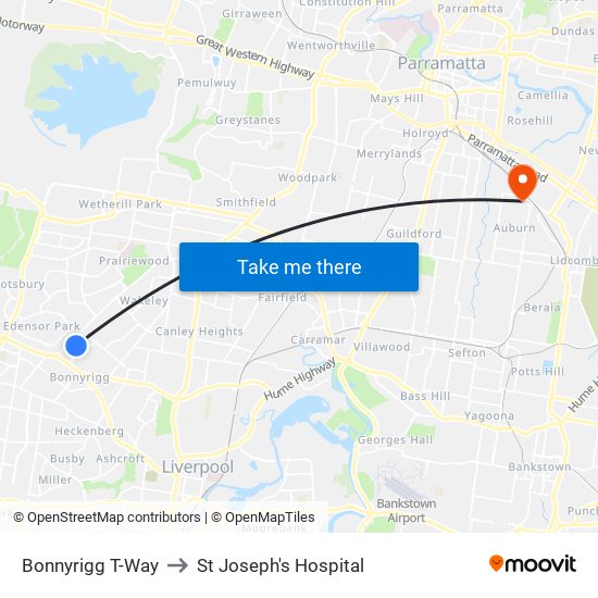 Bonnyrigg T-Way to St Joseph's Hospital map