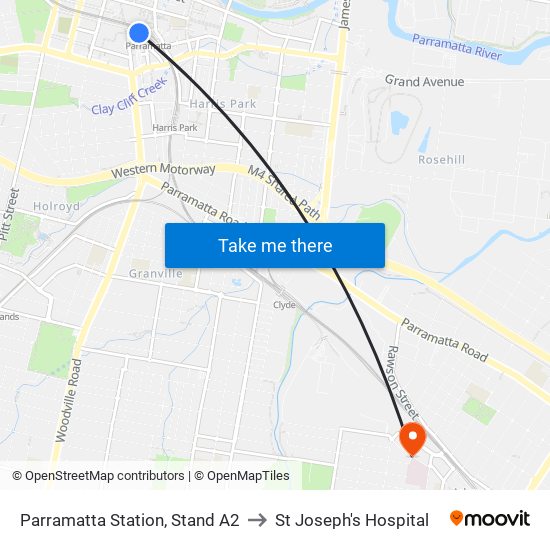 Parramatta Station, Stand A2 to St Joseph's Hospital map