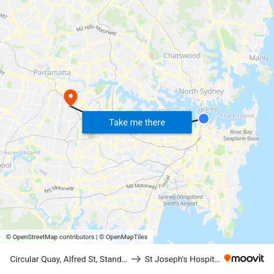 Circular Quay, Alfred St, Stand B to St Joseph's Hospital map