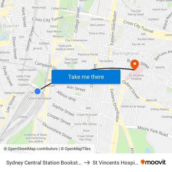 Sydney Central Station Bookstore to St Vincents Hospital map