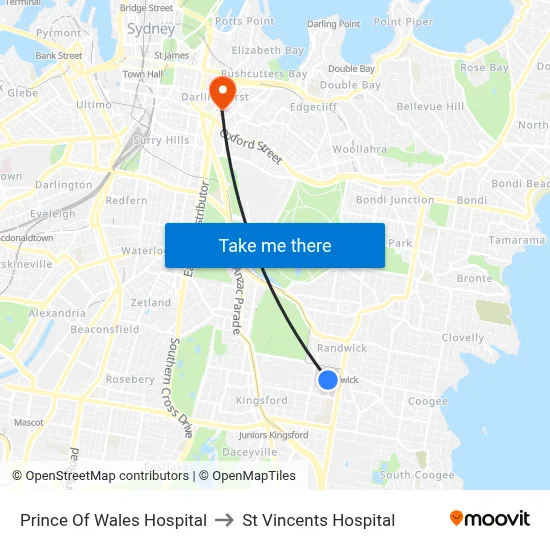 Prince Of Wales Hospital to St Vincents Hospital map