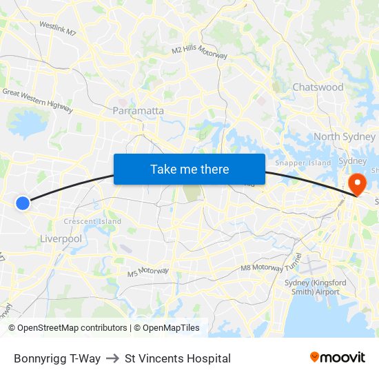 Bonnyrigg T-Way to St Vincents Hospital map