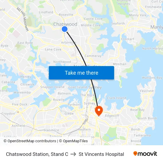 Chatswood Station, Stand C to St Vincents Hospital map