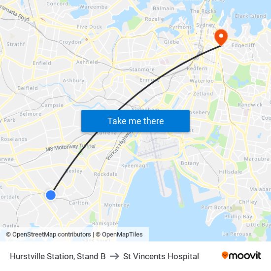 Hurstville Station, Stand B to St Vincents Hospital map