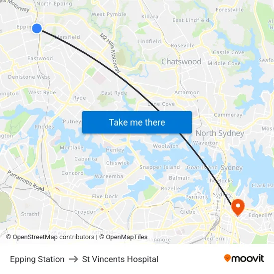 Epping Station to St Vincents Hospital map