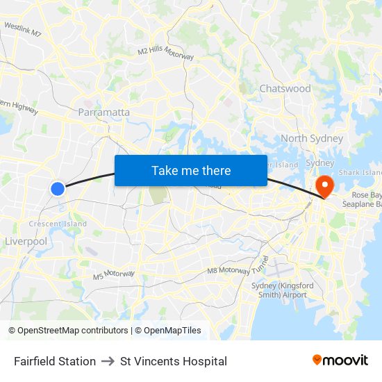 Fairfield Station to St Vincents Hospital map