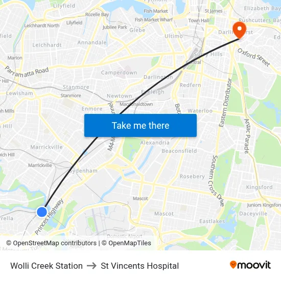Wolli Creek Station to St Vincents Hospital map