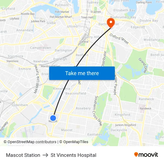 Mascot Station to St Vincents Hospital map