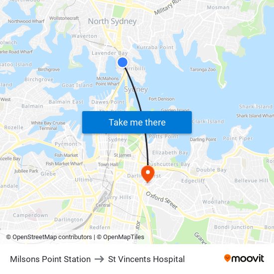 Milsons Point Station to St Vincents Hospital map