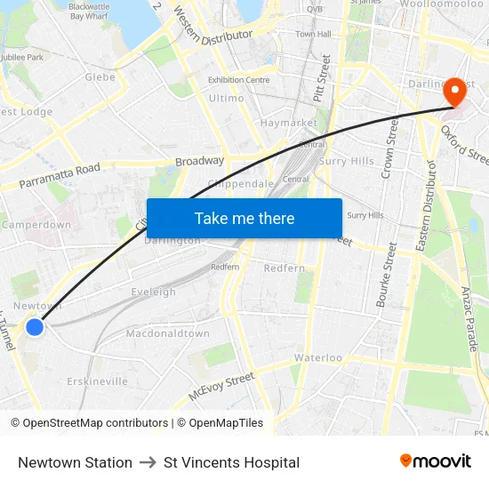 Newtown Station to St Vincents Hospital map