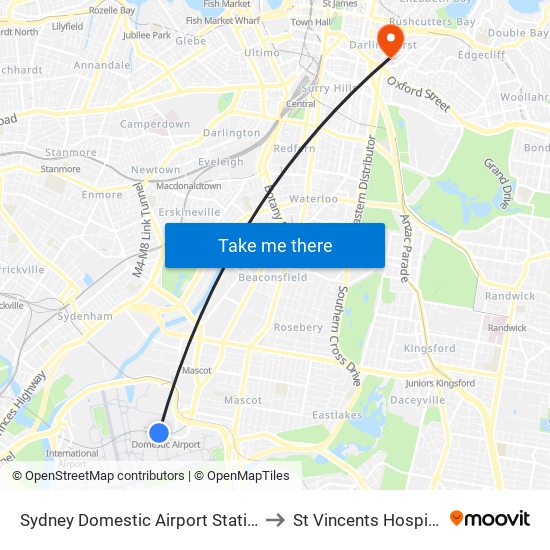 Sydney Domestic Airport Station to St Vincents Hospital map