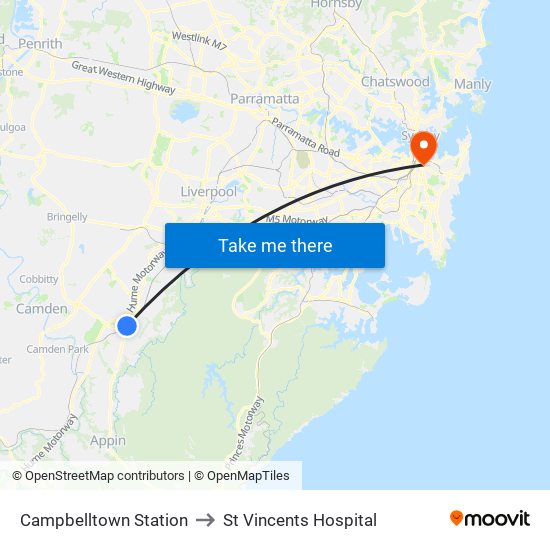 Campbelltown Station to St Vincents Hospital map