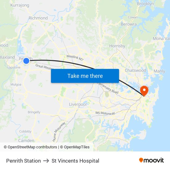 Penrith Station to St Vincents Hospital map