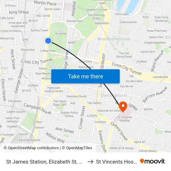 St James Station, Elizabeth St, Stand A to St Vincents Hospital map