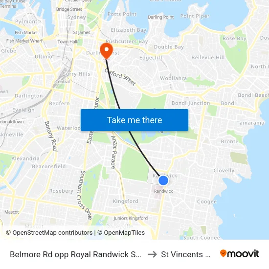 Belmore Rd opp Royal Randwick Shopping Centre to St Vincents Hospital map
