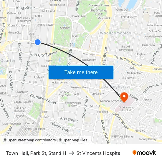 Town Hall, Park St, Stand H to St Vincents Hospital map
