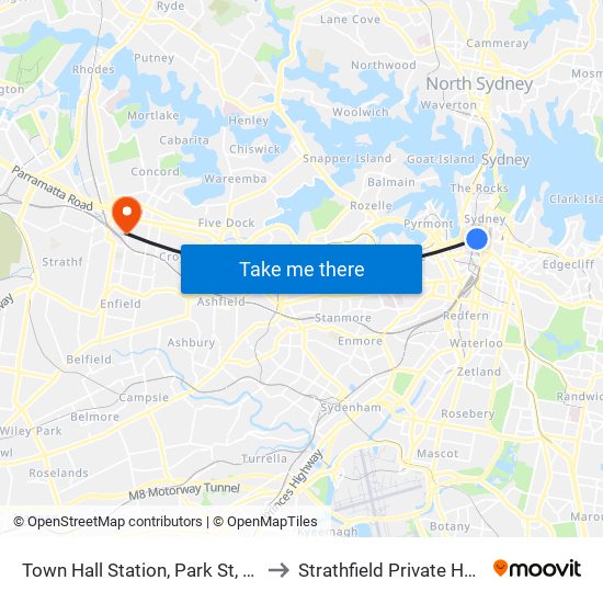 Town Hall Station, Park St, Stand J to Strathfield Private Hospital map