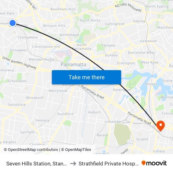 Seven Hills Station, Stand A to Strathfield Private Hospital map