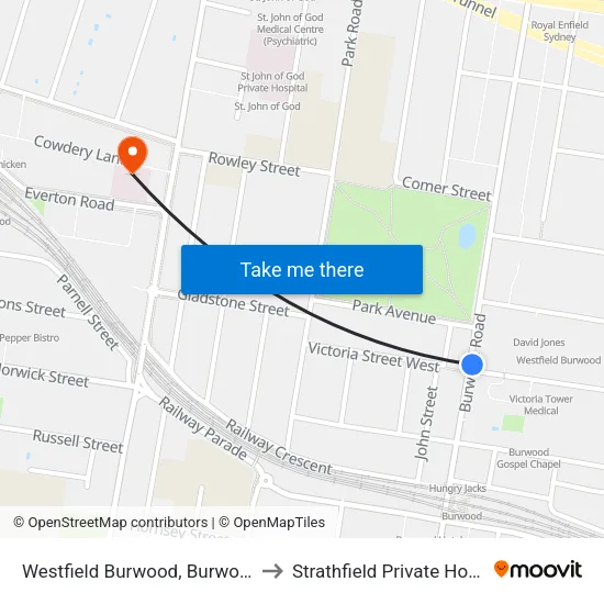 Westfield Burwood, Burwood Rd to Strathfield Private Hospital map