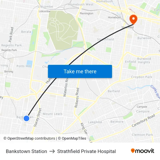 Bankstown Station to Strathfield Private Hospital map