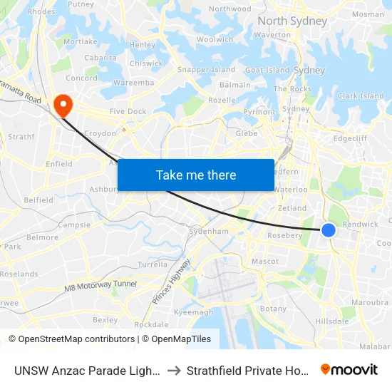 UNSW Anzac Parade Light Rail to Strathfield Private Hospital map
