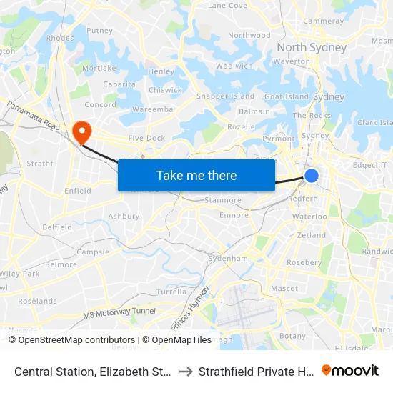 Central Station, Elizabeth St, Stand E to Strathfield Private Hospital map