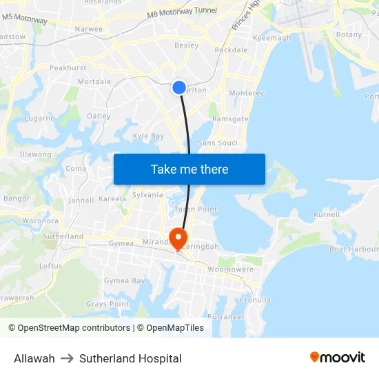Allawah to Sutherland Hospital map