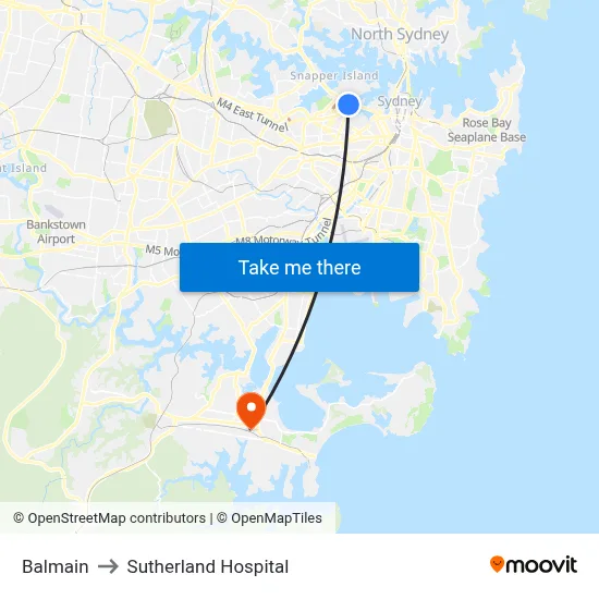 Balmain to Sutherland Hospital map