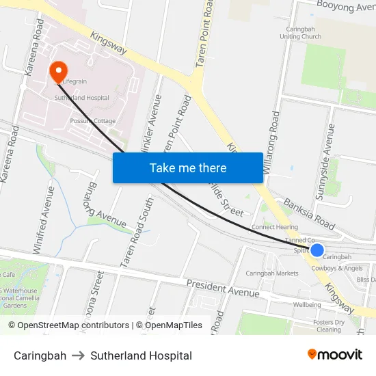 Caringbah to Sutherland Hospital map