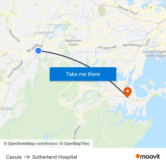 Casula to Sutherland Hospital map