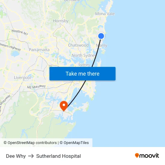 Dee Why to Sutherland Hospital map