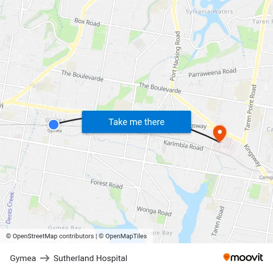 Gymea to Sutherland Hospital map