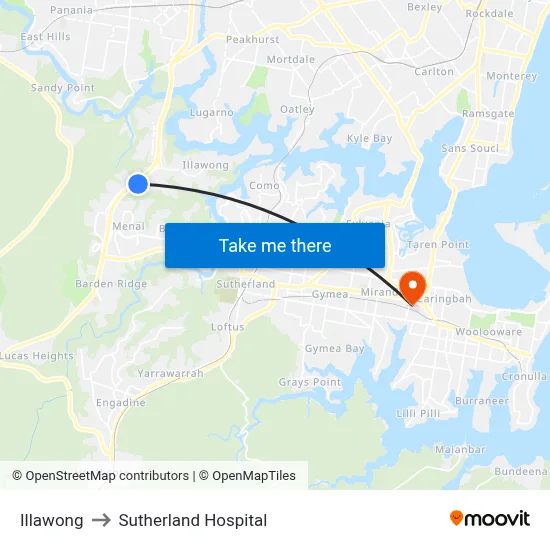 Illawong to Sutherland Hospital map