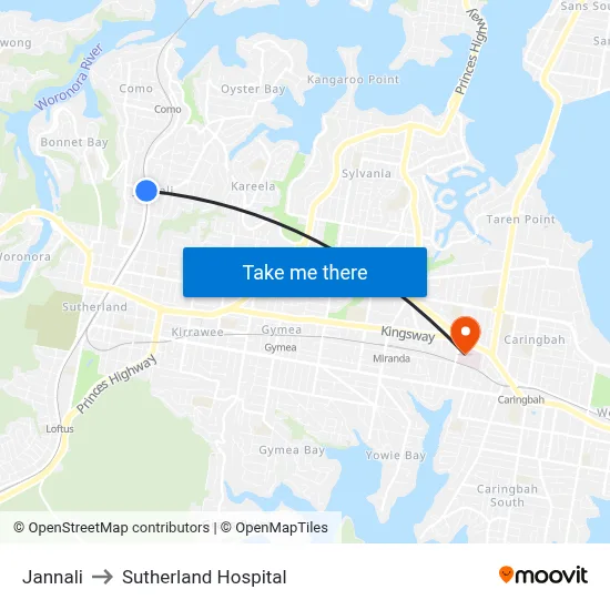 Jannali to Sutherland Hospital map
