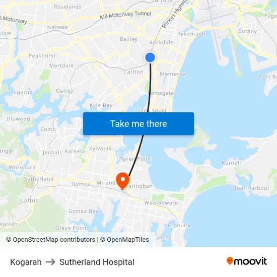 Kogarah to Sutherland Hospital map