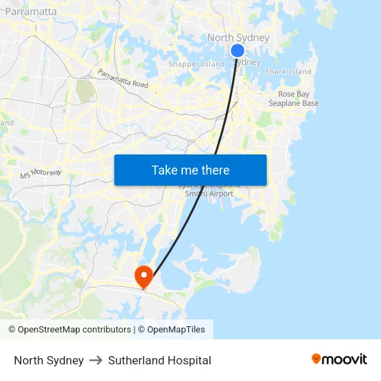 North Sydney to Sutherland Hospital map