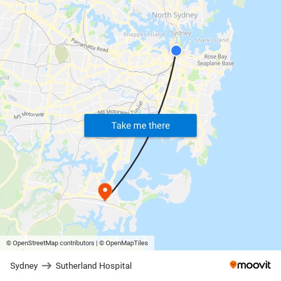 Sydney to Sutherland Hospital map